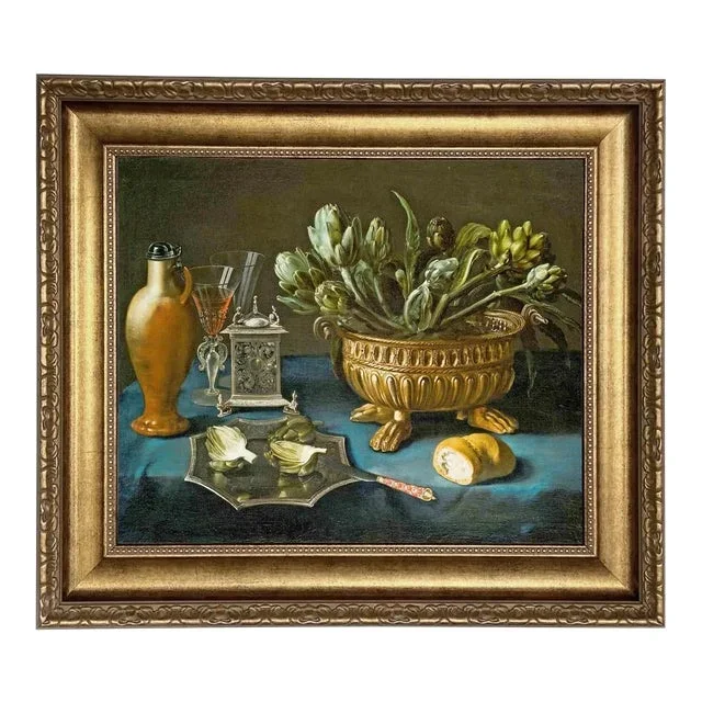 “Still Life with Artichokes and Other Silver Objects” Contemporary Reproduction Print on Canvas, Framed