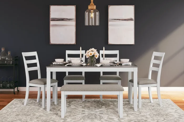 Stonehollow White/Gray Dining Table and Chairs with Bench (Set of 6)