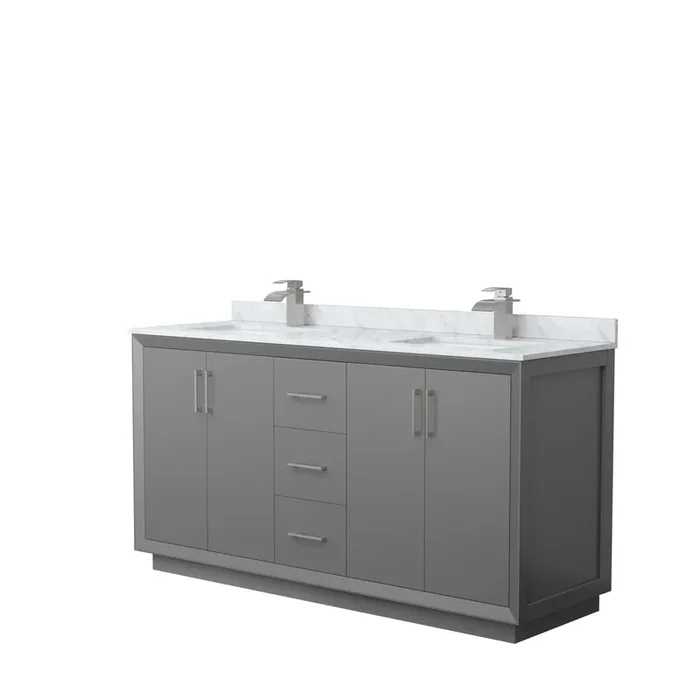 Strada 66 Inch Double Bathroom Vanity In Dark Gray, White Carrara Marble Countertop, Undermount Square Sink, Brushed Nickel Trim