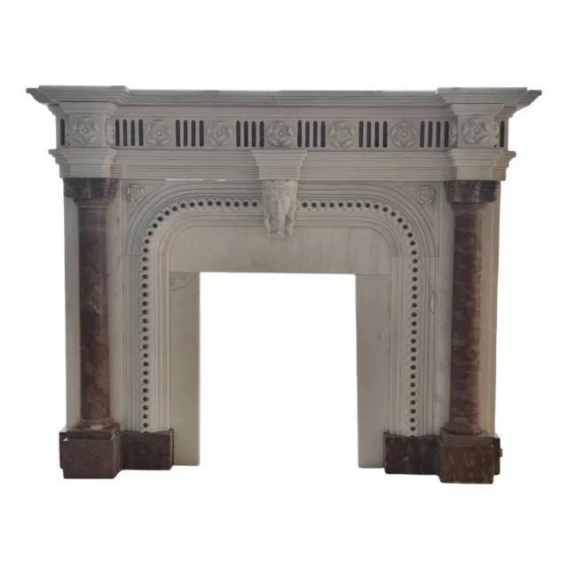 Striking Neoclassical Marble Fireplace Mantle with Red Marble Columns