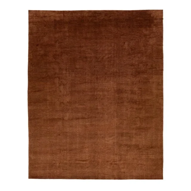 Striped Designed Modern Tibetan Wool and Silk Rug in Rust