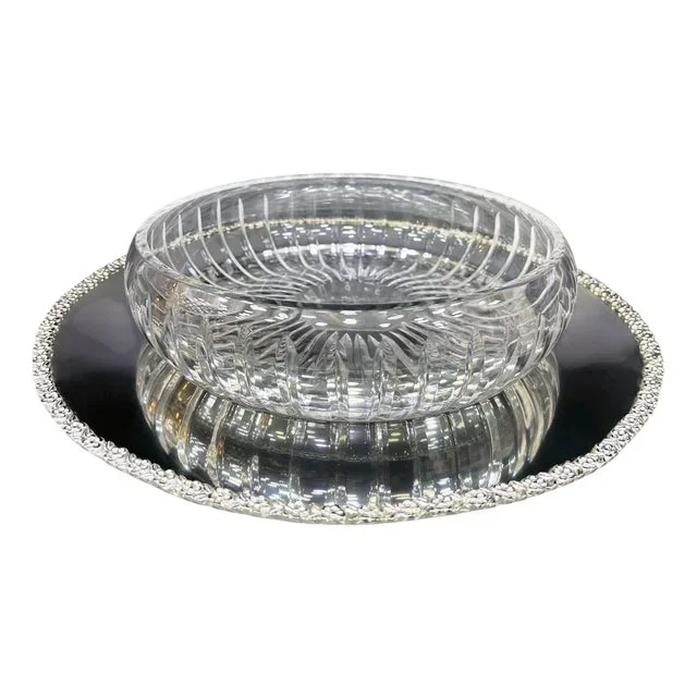 Striped Glass Serving Bowl with Bright Floral Tray