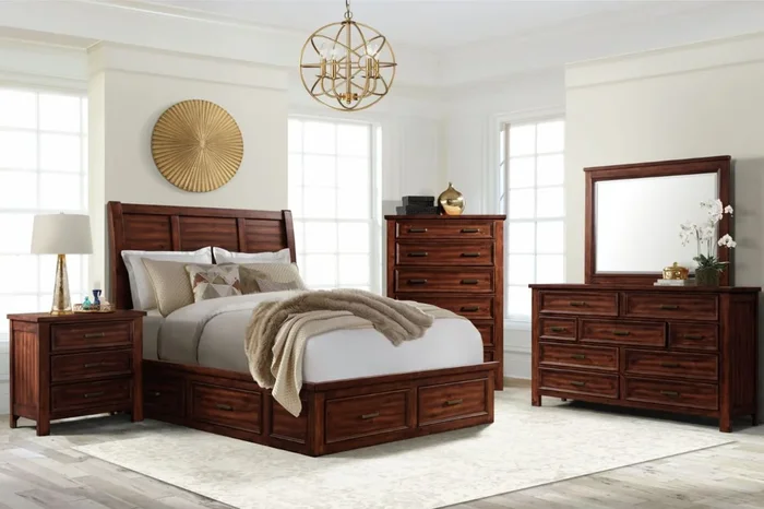 Sullivan Panel Bed w/ Storage, Dresser, Mirror & Nightstand in Rich Cherry, Eastern King