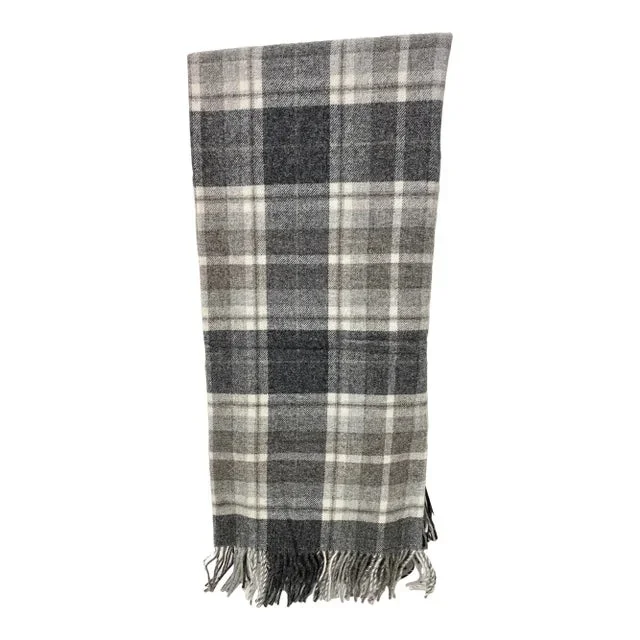 Super Soft Merino Wool Throw in a Masculine Grey on Grey Plaid Pattern. Made in England