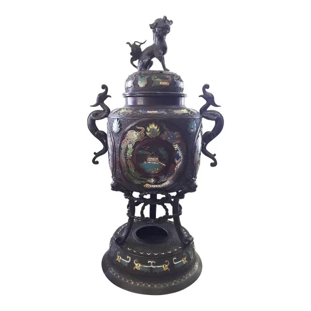 Superb 19th C Chinoiserie Enamel Bronze Incense Burner W/Foo Dog 28″ H
