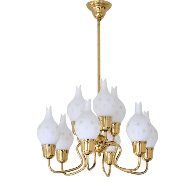 Swedish Modern Nine Arm Chandelier in Brass and Decorated Opal Glass, 1950s