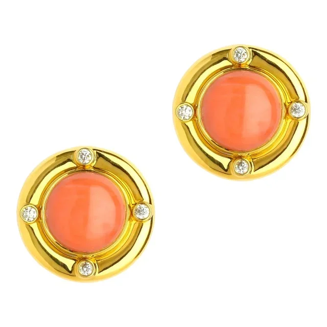 Syna Limited Edition Coral Yellow Gold Earrings with Diamonds, a Pair