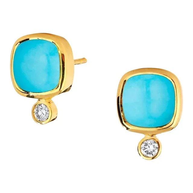 Syna Turquoise Yellow Gold Sugarloaf Earrings with Diamonds, a Pair