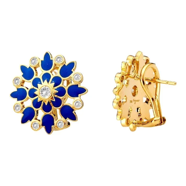 Syna Yellow Gold Earrings with Lapis Blue Enamel and Diamonds, a Pair