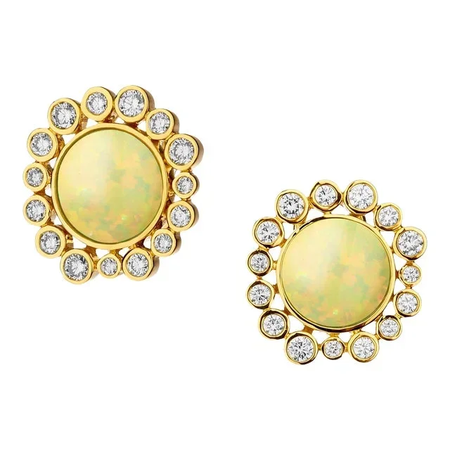 Syna Yellow Gold Earrings with Opal and Diamonds, a Pair