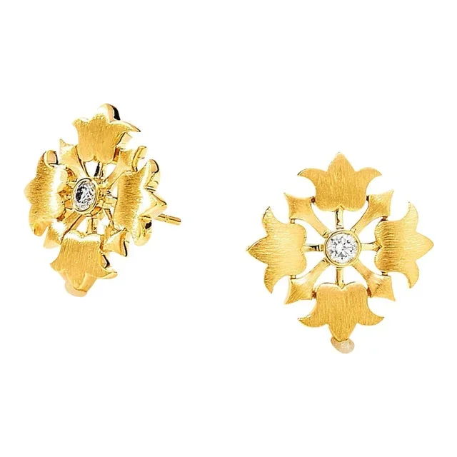 Syna Yellow Gold Flower Earrings with Diamonds, a Pair
