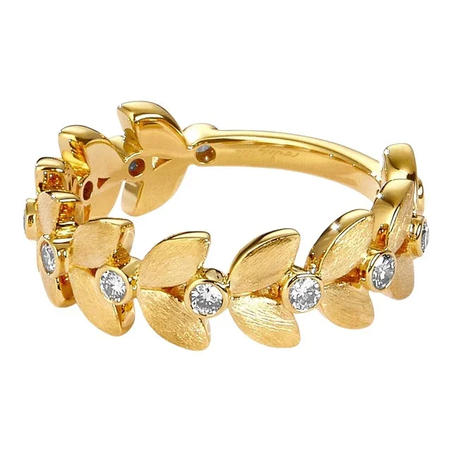 Syna Yellow Gold Satin Leaf Ring with Diamonds