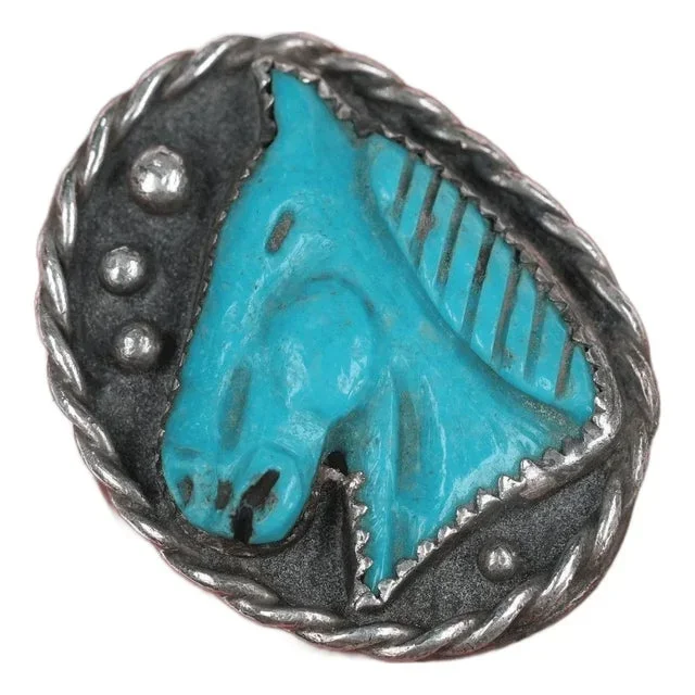 sz8.75 Vintage Navajo silver Carved horse head turquoise ring