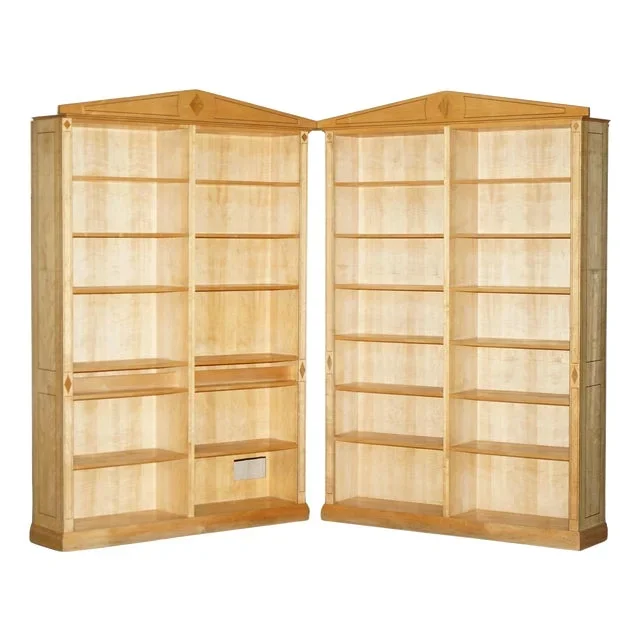 Tall Satin Birch and Walnut Steeple Top Library Bookcases, Set of 2