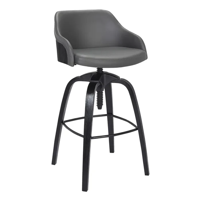 Tara Contemporary Adjustable Barstool In Black Brushed Wood Finish And Grey Faux Leather