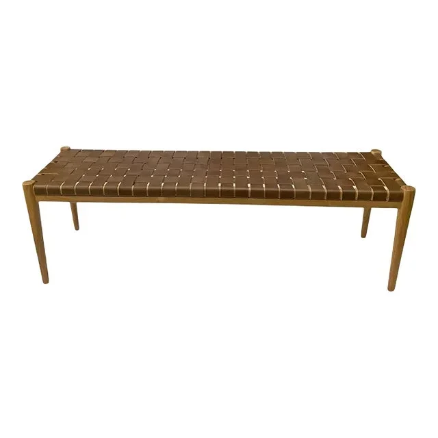 Teak Wood Framed Bench, With Woven Leather Seat