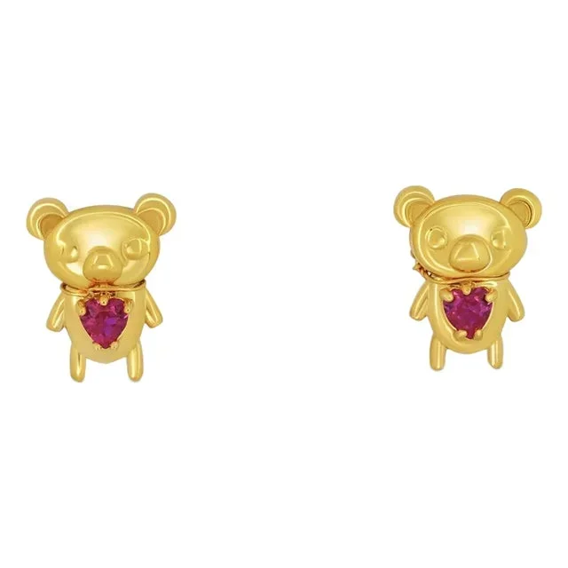 Teddy Bear Earrings Studs in 14k Gold, A Pair
