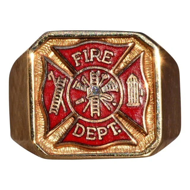 The 129th Avenue: Enameled Fire Fighters Ring in Yellow Gold