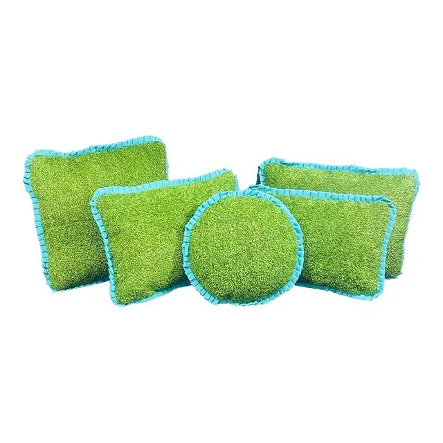 The Minted Monkey Turf Pillows – Artificial Turf Outdoor Pillows With Turquoise Ruffle Welting – Large Square