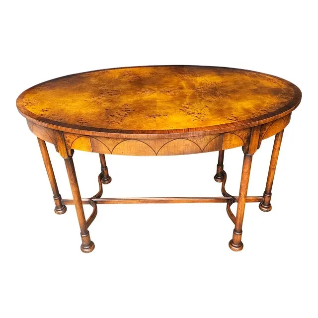 Theodore Alexander Mixed Fruitwoods Stretcher Library Table With Pull Out Trays