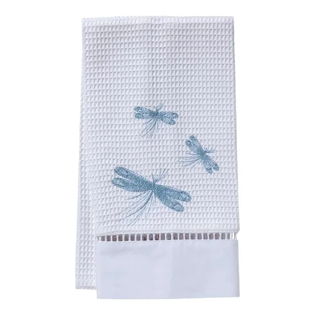 Three Classic Dragonflies Blue Guest Towel, White Waffle Weave, Ladder Lace, Embroidered
