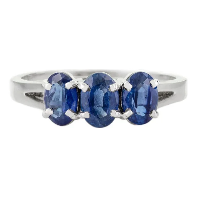 Three Stone Blue Sapphire Promise Ring in Silver- Size 7