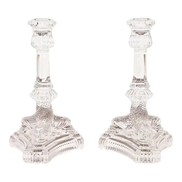 Tiffany & Co. Clear Crystal Candlesticks With Dragon Motif, Pair