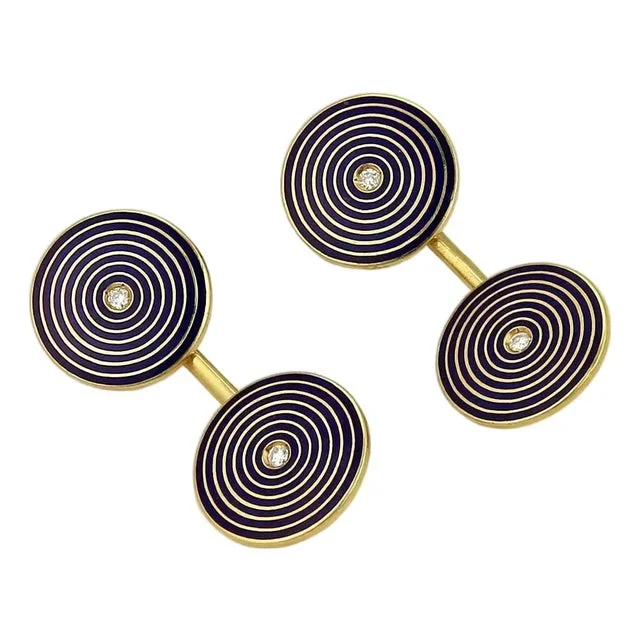 Tiffany & Co. Diamond Cufflinks Enamel 18k Yellow Gold Round Flex Disc Vintage