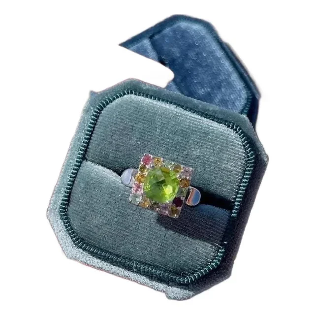 Top-Grade Natural Burmese Peridot Ring with Candy Tourmaline, Size 5.5