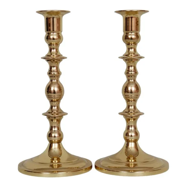 Traditional Brass Candlestick Holders, a Pair