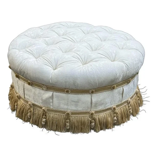 Traditional Round Upholstered Damask Tufted Ottoman