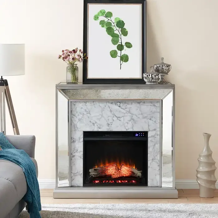 Trandling Mirrored Touch Screen Electric Fireplace W/ Faux Marble