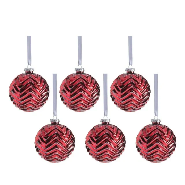 Trieste 6-Piece Set Red Metallic Chevron Glass Ball Ornaments, 4″