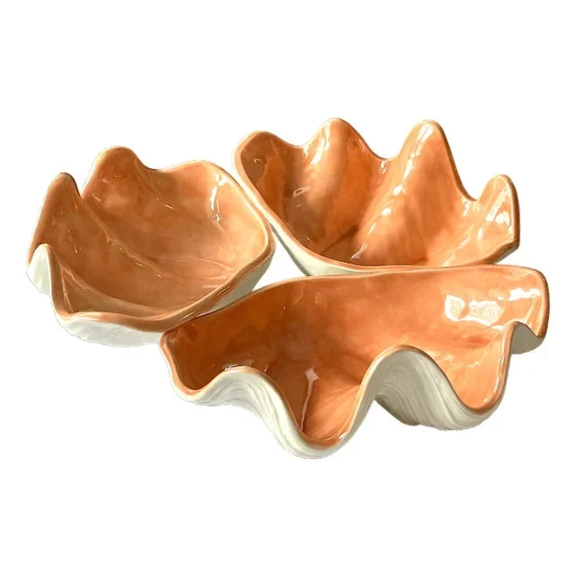 Trio of Tridacna Gigas Giant Scalloped Clam Ceramic Shell Serving Bowls – Coastal Coral & White Glaze, 1980s