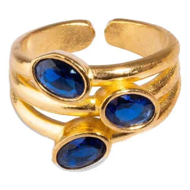 Trio Sapphire Gemstone & Gold Stylish Adjustable Cocktail Ring