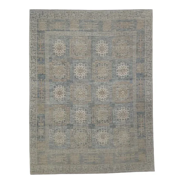 Turkish Oushak Rug Blue and Taupe Handwoven Wool Rug 9’2″ X 12′