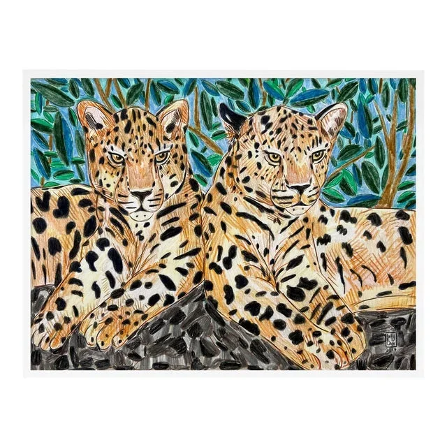 Twin Leopards by Jelly Chen in White Framed Paper, Large Art Print