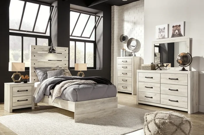 Twin Panel Bed, Dresser, Mirror, Chest, And Nightstand