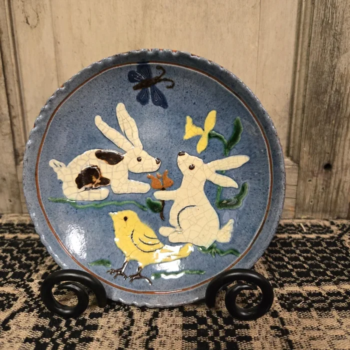 Two Bunnies One Chick Redware Plate
