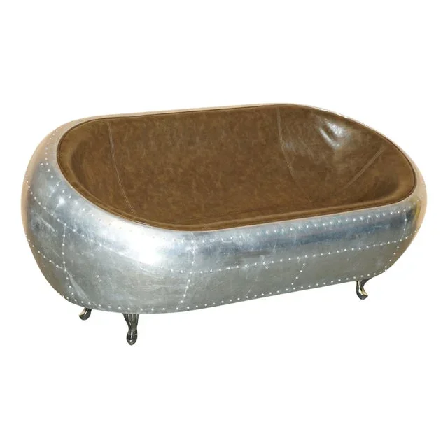 Two-Seater Sofa in Hand Hammered Aluminium and Brown Leather