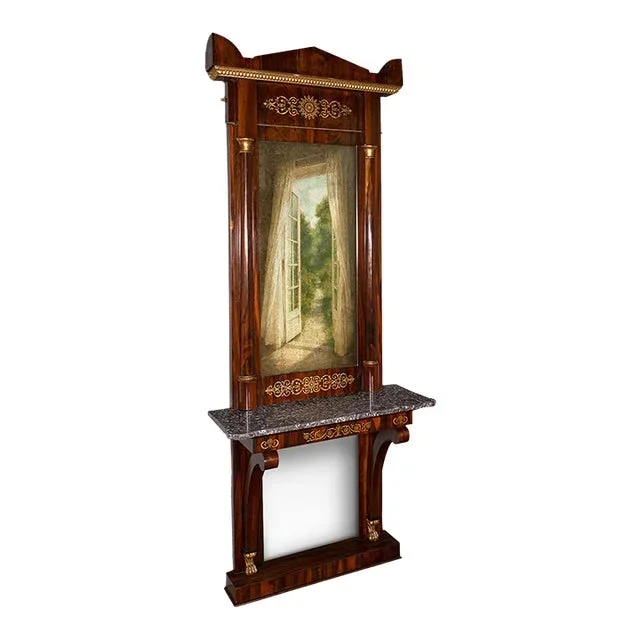 Very Tall 8′ Antique Empire Style Mirror, Italian, Walnut, Marble, Victorian