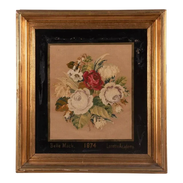 Victorian Bouquet of Roses Needlepoint, Framed, C. 1874
