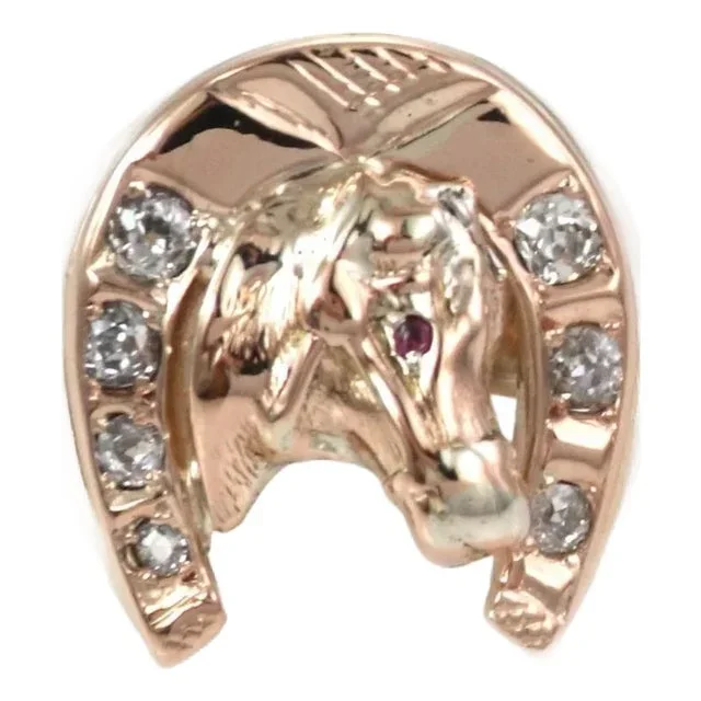 Victorian Diamond Ruby 14k Yellow Gold 3D Horse Shoe Ring Size 5