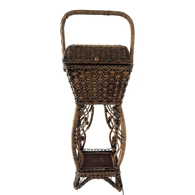 Victorian Rattan Bamboo Sewing Basket Stand
