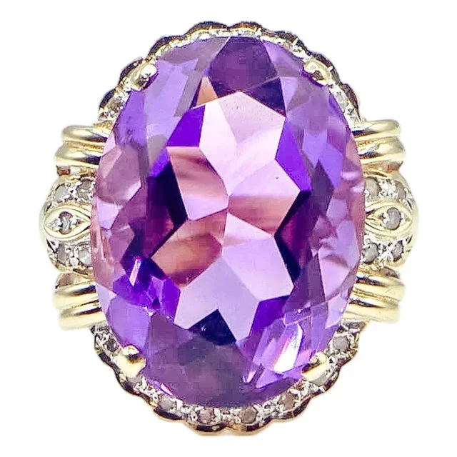 Vintage 14k Gold Amethyst and Diamond Halo Statement Ring Size 9.5