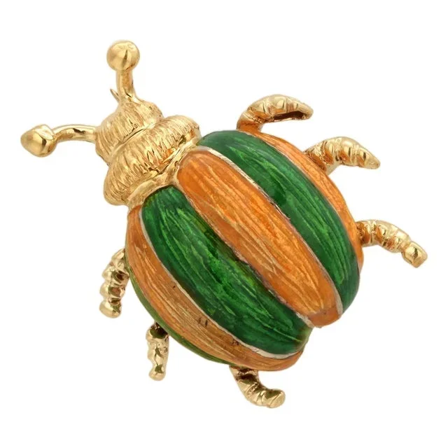 Vintage 14k Yellow Gold Yellow & Green Enamel Beetle Brooch