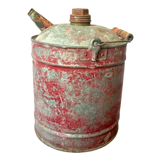 Vintage 1950s Rustic Red Metal Gas Can With Wooden Handle