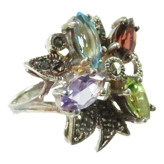 Vintage 1960s Cocktail Ring Sterling & Semi-Precious