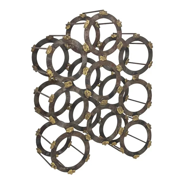 Vintage 1960s Handmade Brutalist Welded Geometric Circle 9-Bottle Wine Rack Holder