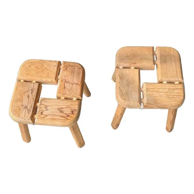 Vintage 1960s Olof Ottelin Scandinavian Modern Pine Wood Stool – Set of Two